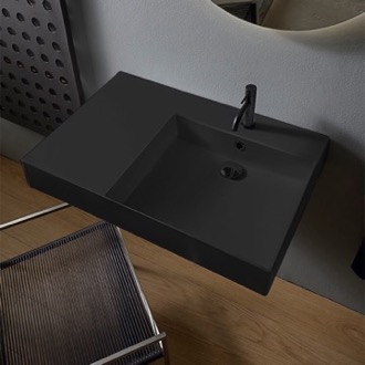 Bathroom Sink Black Ceramic Wall Mounted or Vessel Sink With Counter Space Scarabeo 5150-49